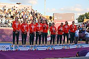 Deutsch: Beachhandball bei den Olympischen Jugendspielen 2018 in Buenos Aires; Tag 7, 13. Oktober 2018; Medaillenzeremonie Mädchen - Gold: Argentinien, Silber: Kroatien, Bronze: Ungarn English: Beach handball at the 2018 Summer Youth Olympics in Buenos Aires at 13 October 2018 – Medal Ceremony Girls - Gold: Argentina, Silver: Croatia, Bronze: Hungary Español: Handball de playa en los Juegos Olimpicos de la Juventud Buenos Aires 2018 en 13 de octubre de 2018 – Medalla Ceremonia para niñas - Oro: Argentina, Plata: Croacia, Bronce: Hungría