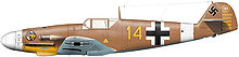 A fighter aircraft, shown in profile, viewed from the left. The aircraft is brown, with a white nose. Decorations include a yellow 14, white lines, black and white crosses on the body and on bottom of the wing, and a black swastika on the tail; the rudder bears a white 100 in a wreath and 52 small vertical black lines arranged in five blocks of varying length.