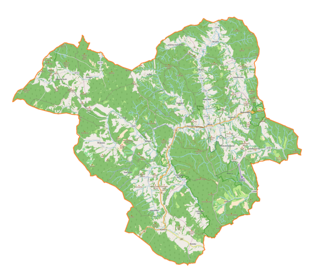 Mapa konturowa gminy Bircza, blisko centrum na prawo znajduje się punkt z opisem „Bircza”