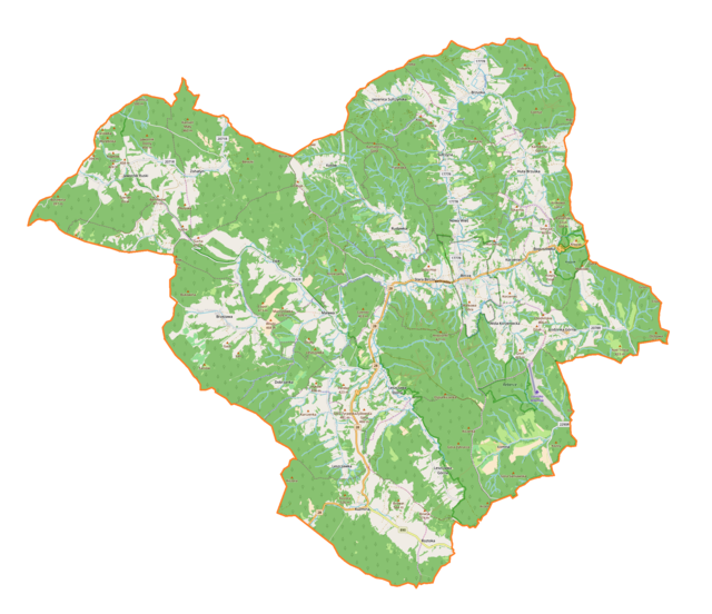 Mapa konturowa gminy Bircza, blisko centrum u góry znajduje się punkt z opisem „KościółPodwyższenia Krzyża Świętegow Rudawce”