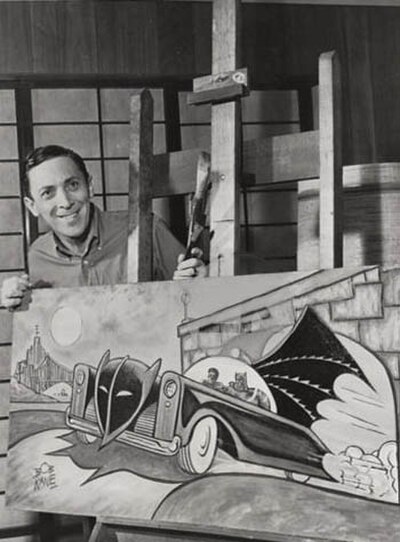 Kane posing with a Batmobile painting in 1966