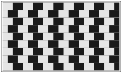 In the Cafe Wall Illusion the horizontal line patterns are visually processed as being tilted. However these horizontal lines are in fact parallel. Helmholtz' unconscious inference works in the fact that despite knowing this information, we still process the lines as being tilted. Cafe Wall Illusion.svg