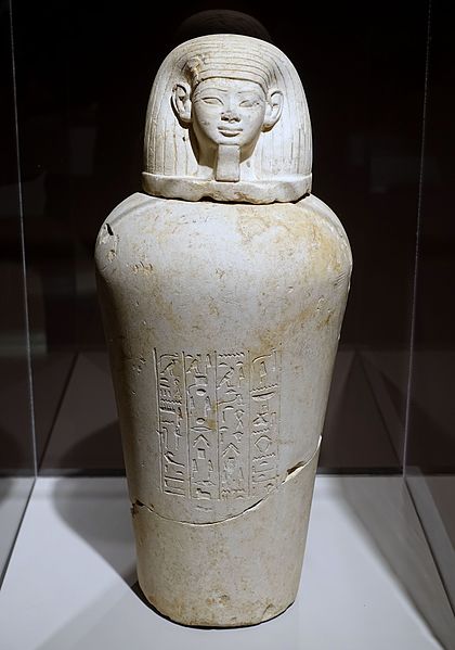 File:Canopic jar of Userhat, Egypt, Valley of the Kings, tomb KV 45, Dynasty 18, reigns of Thutmose III to Amenhotep III, 1400-1352 BC, limestone - Harvard Semitic Museum - Cambridge, MA - DSC06219.jpg