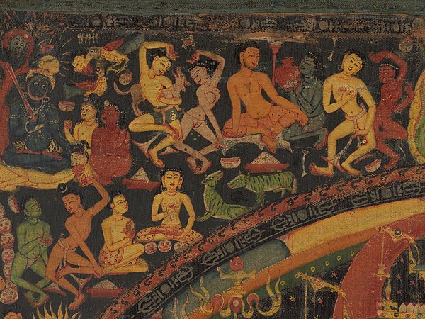 Naked tantrikas dancing and eating from skull cups (kapalas), closeup of a Chakrasamvara mandala