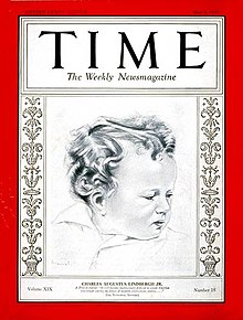 An illustration of Charles Jr. on the cover of Time magazine on May 2, 1932 Charles Lindbergh Jr Time cover 1932.jpg