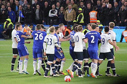 Scuffling between players in the match between Chelsea and Spurs dubbed the 'Battle of Stamford Bridge' on 2 May 2016.