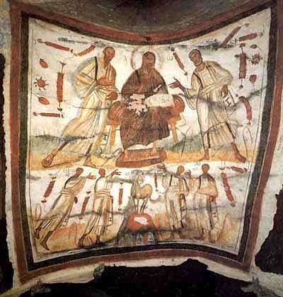 Bearded Jesus between Peter and Paul, Catacombs of Marcellinus and Peter, Rome. Second half of the 4th century. Such works "first present us with the 