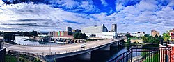 South Bend's skyline from across the St. Joseph River