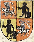 Coat of arms of Vytautas the Great, which features the standing knight of Kęstutaičiai and Vytis (Waykimas), used during the Council of Constance. Painted by Ulrich of Richenthal, 15th century.