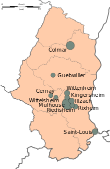 Carte du Haut Rhin, qui représente ses communes de plus de 10 000 habitants.