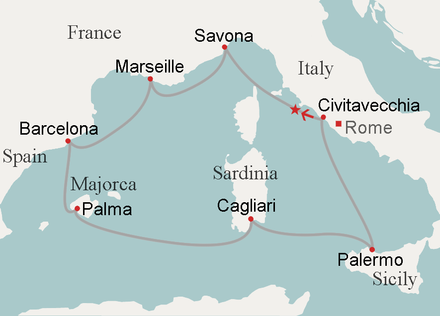 Route. Arrow: actual journey, star: collision