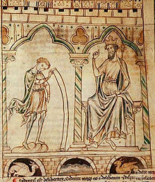 La juna Merlin parolas al la Reĝo Vortigern. Ilustraĵo el Prophetiae Merlini de Geoffrey de Monmouth, en la Nacia Biblioteko de la Unuiĝinta Reĝlando
