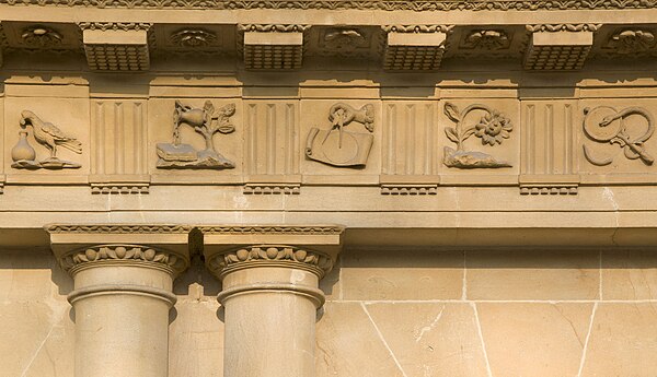 Part of the frieze showing the alternating triglyphs and decorative emblems