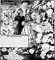 Front page of Sunday Magazine of the St. Louis Post-Dispatch, dated 31 March 1907, shows the interior of a florist's shop. Illustration is by Marguerite Martyn.