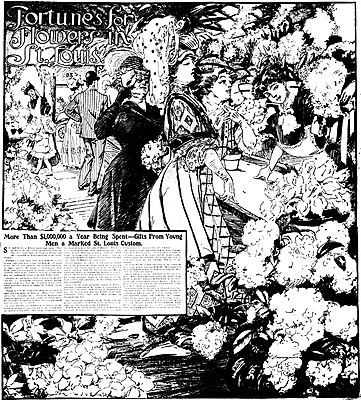 Front page of Sunday Magazine of the St. Louis Post-Dispatch, dated 31 March 1907, shows the interior of a florist's shop. Illustration is by Marguerite Martyn.