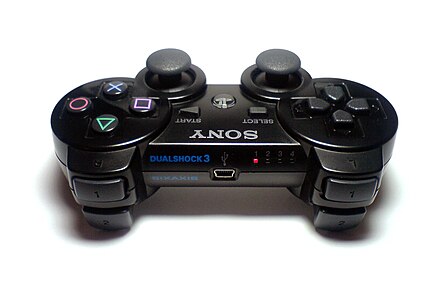 The top of a DualShock 3 Sixaxis controller, LED lights on the right