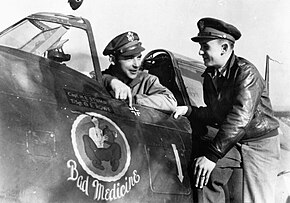 Captain Harold E. Stump and Second Lieutenant George J. Hays of the 78th Fighter Group with a P-47 Thunderbolt nicknamed Bad Medicine, 15 October 1943