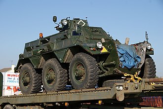 Alvis Saracen APC, with the engine compartment removed, showing the deep armour sides that also form the punt chassis EXP290K-05FF84-1 101010 CPS (5072018463).jpg