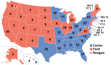 Map of the 1976 U.S. presidential election, blue represents Carter winning that state/district, red represents Ford winning that state, light red represents Reagan received a vote. ElectoralCollege1976.svg