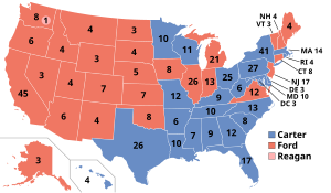 Mapa da eleição presidencial de 1976.  A maioria dos estados ocidentais são vermelhos, enquanto a maioria dos estados orientais são azuis.