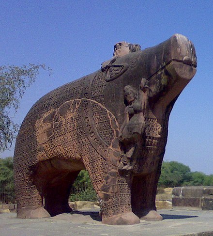 The Colossal Varaha at Eran is one of the earliest known completely theriomorphic icons of Varaha. It was dedicated by the Huna king Toramana circa 510 CE