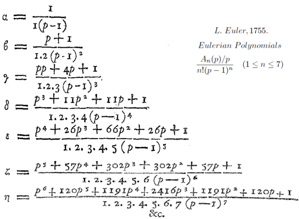 The polynomials presently known as Eulerian polynomials in Euler's work from 1755, Institutiones calculi differentialis, part 2, p. 485/6. The coefficients of these polynomials are known as Eulerian numbers.