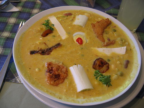 A bowl of fanesca served in Quito, Ecuador. A traditional soup of Ecuador served around Easter.