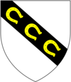 Arms of Ferrers (of Bere Ferrers, Devon): Argent, on a bend sable three horse-shoes or