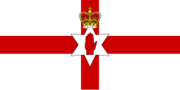 Cruz vermelha em um campo branco, desfigurada por uma estrela de seis pontas com uma mão vermelha marcada por uma coroa.