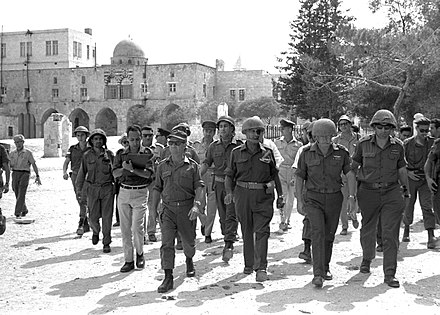 Gen. Uzi Narkiss, Defense Minister Moshe Dayan, Chief of staff Yitzhak Rabin and Gen. Rehavam Ze'evi in the Old City of Jerusalem, 7 June 1967