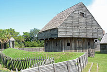 Fort's blockhouse and a sentry box (left) Fort King George, wall and fort, Darien, GA, US.jpg