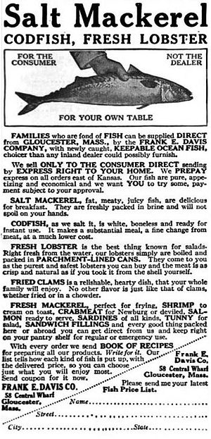 The Outlook, American magazine advertisement from 1916 offering mail delivery of fish and seafood.