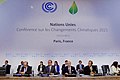 French President Hollande, Foreign Minister Fabius, and UN Secretary-General Ki-moon Sit On the Stage at to the COP21 Climate Change Conference (23696822955).jpg