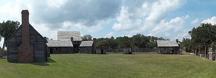 Panorama of Fort King George. Showing the Barracks and other facilities recently reconstructed at the historical site.