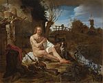 Gabriel Metsu (1629-1667), Een jager die zich na het baden kleedt, ca.  1654-1656.  Olie op panel.jpg