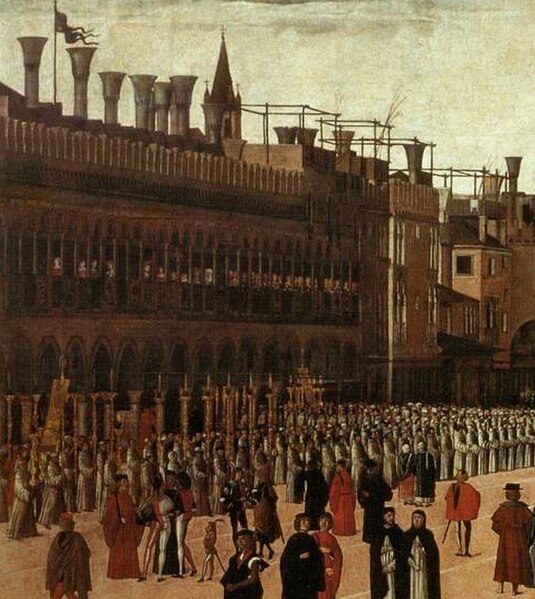 Gentile Bellini, Processione di Corpus Domini in Piazza san Marco (1496). The detail shows the northern side with the twelfth-century building, admini