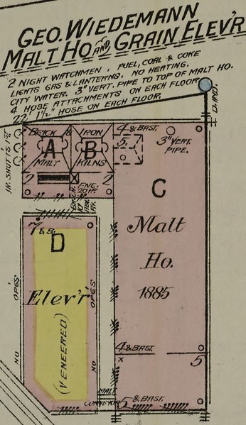 File:George Wiedemann Malt House and Grain Elevator in 1886 map detail, from- Sanborn Fire Insurance Map from Newport, Campbell County, Kentucky. LOC sanborn03219 001-22 (cropped).tif