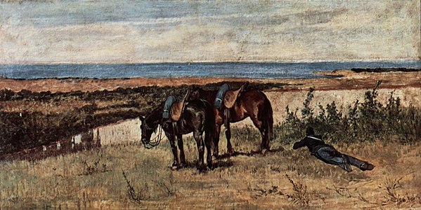 595 Soldier and two horses by the sea label QS:Len,"Soldier and two horses by the sea" 1890