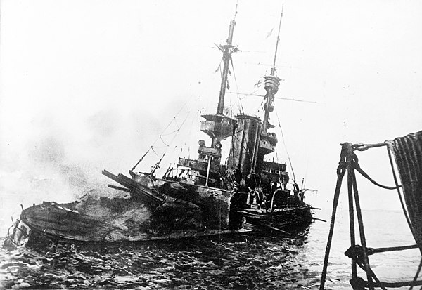 Battleship HMS Irresistible sinking during the attack on the Dardanelles Narrows, 18 March 1915