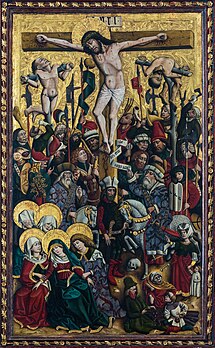 Crucificação de Cristo – painel central do Knappenaltar (altar dos mineiros) na igreja paroquial católica de Hallstatt, Alta Áustria. Mestre anônimo, por volta de 1450 (definição 3 266 × 5 285)