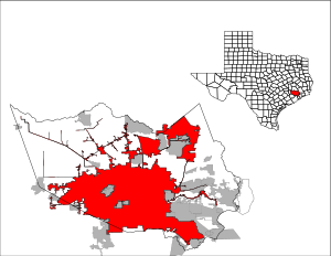 Расположение Хьюстона в округе Харрис (слева) и Техасе (справа)