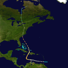 A track starts slightly east of the Lesser Antilles; it goes west until it turns north-northeast when it is south of Jamaica; it passes over Haiti, and reaches the Carolinas; it travels overland and gets to Toronto while passing through the Washington, D.C., area