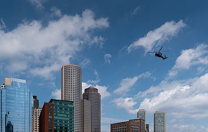 Helicopter flying above the Financial District, Boston, Massachusetts, US