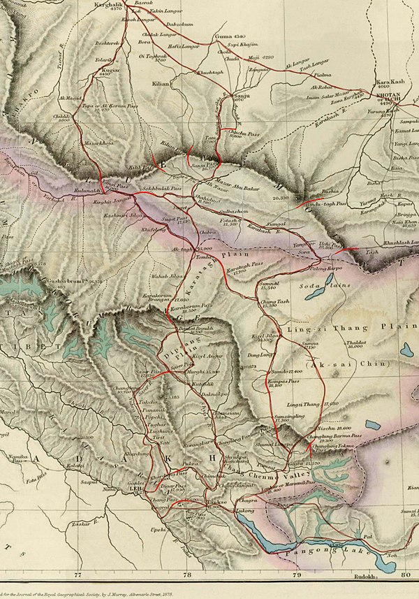 Map of Central Asia (1878) showing Khotan (near top right corner). The previous border claimed by the British Indian Empire is shown in the two-toned purple and pink band with Shahidulla and the Kilik, Kilian and Sanju Passes clearly north of the border.