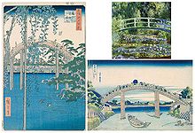 Гравюры Андо Хиросигэ (слева) и Кацусика Хокусая (внизу справа) с изображениями мостиков и «Пруд с лилиями» Клода Моне