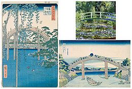 À gauche : Hiroshige, À l'intérieur du sanctuaire Kameido-Tenjin (à Tokyo) ;à droite, en bas : Hokusai, Sous le pont Mannen à Fukagawa ;à droite, en haut : Claude Monet, Le Bassin aux nymphéas, harmonie verte