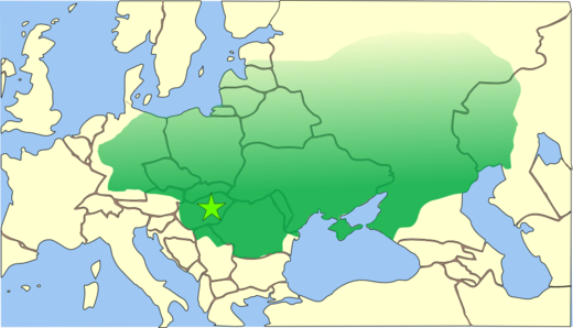 Omvang van het Hunnenrijk met als centrum het huidige Hongarije, ca. 450 n.Chr.
