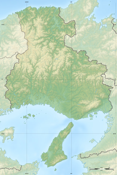 Mapa konturowa prefektury Hyōgo, blisko centrum po prawej na dole znajduje się punkt z opisem „Akashi”