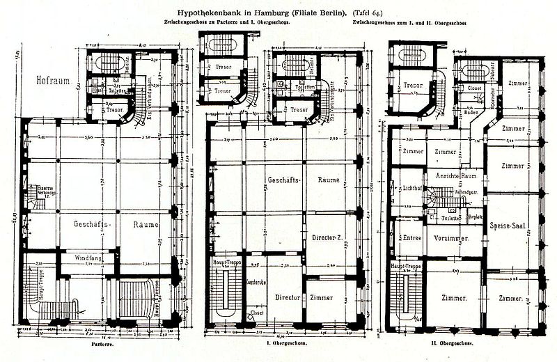 File:Hypothekenbank Hamburg, Filliale Berlin, Französische Straße 7, Architekt Bmstr. Martens Berlin, Tafel 64, Kick Jahrgang II, Grundriss.jpg