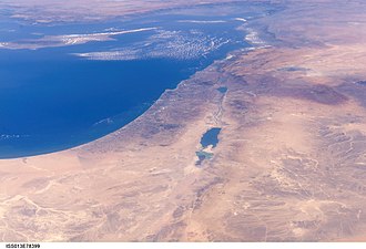 Dead Sea (foreground) and Sea of Galilee (background), taken from the ISS in 2006 ISS013-E-78399.jpg